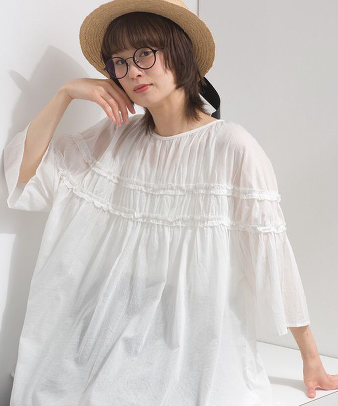 日本 Lupilien - 100%棉 輕盈感皺摺廓形五分袖上衣-藍