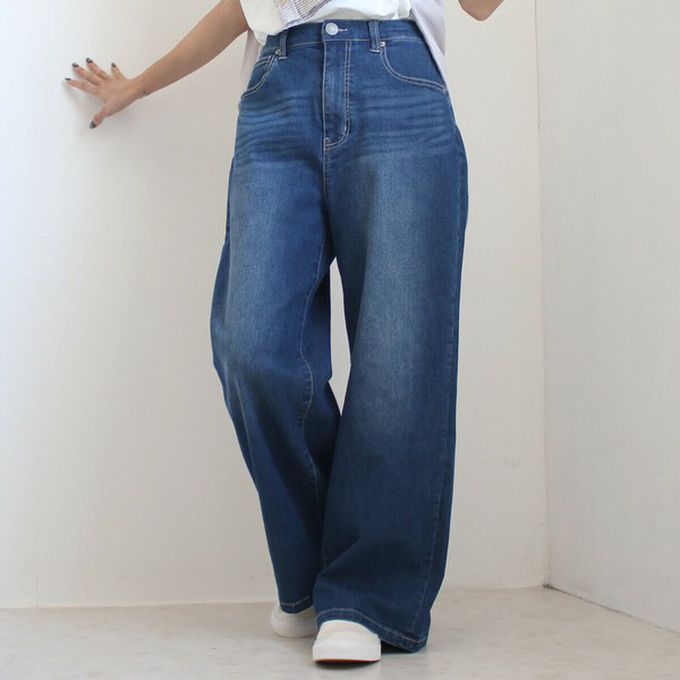 日本女裝代購 - Coolish 接觸涼感舒適快乾丹寧寬褲-靛藍