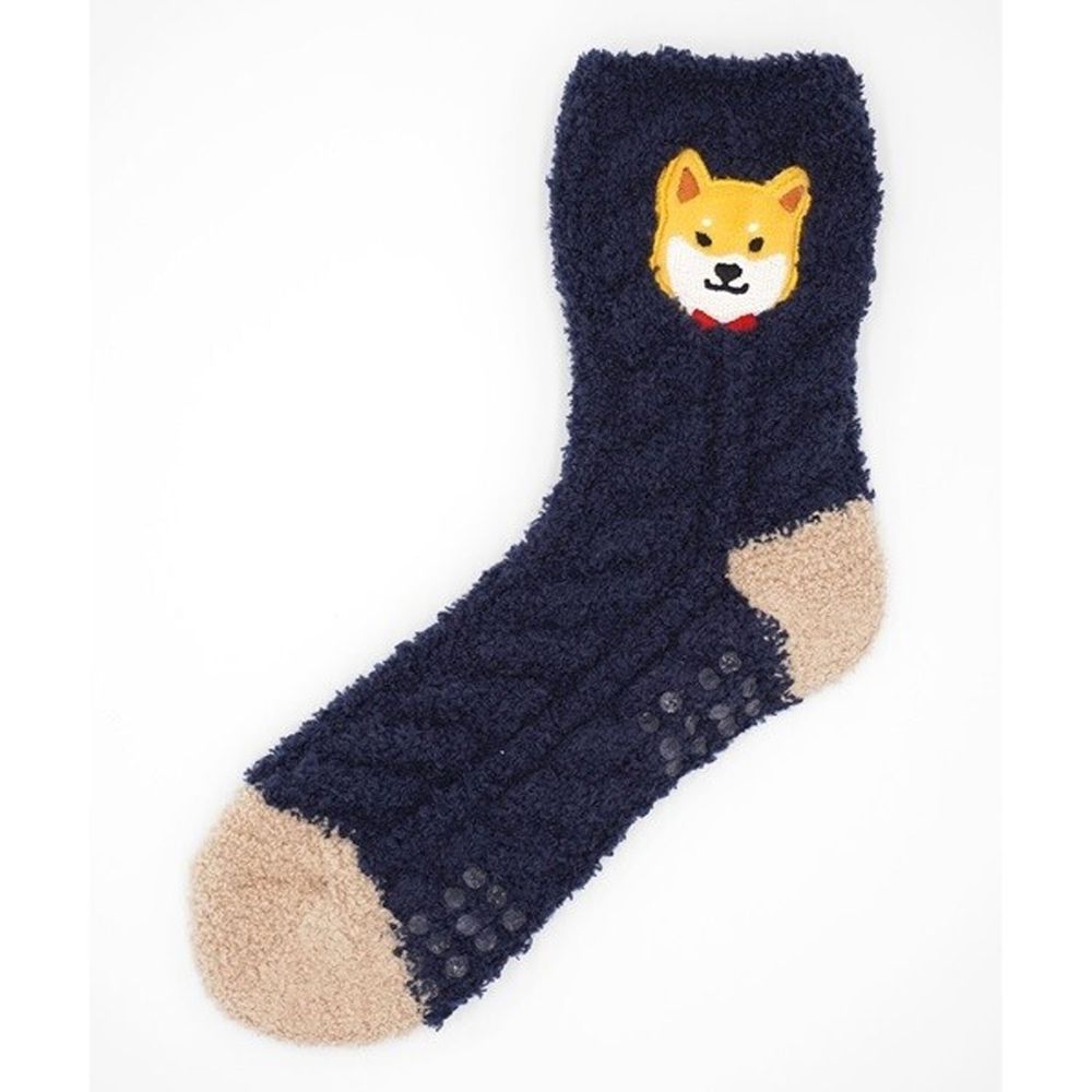 日本 friendshill - 動物刺繡針織保暖長襪(防滑設計)-柴犬-深藍 (22-25cm)