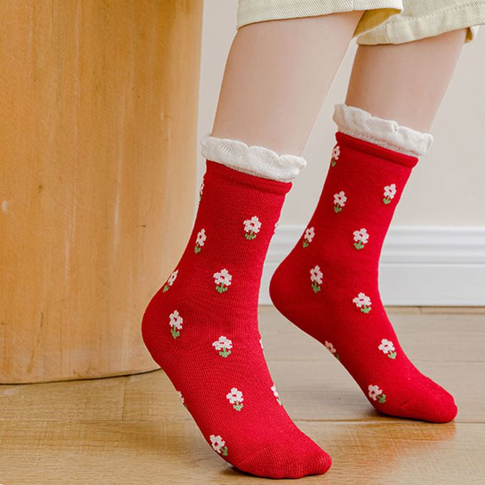 腳ㄚ子 - 幼/兒童棉質中筒襪 童襪 襪子 棉襪 兒童襪-絳紅飛花