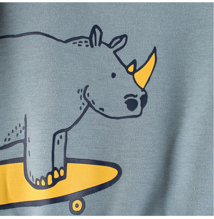 加絨棉質圓領長袖上衣/大學T-滑板犀牛-藍灰色