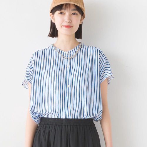 日本 OMNES - 嫘縈休閒感法式袖上衣-條紋-水藍