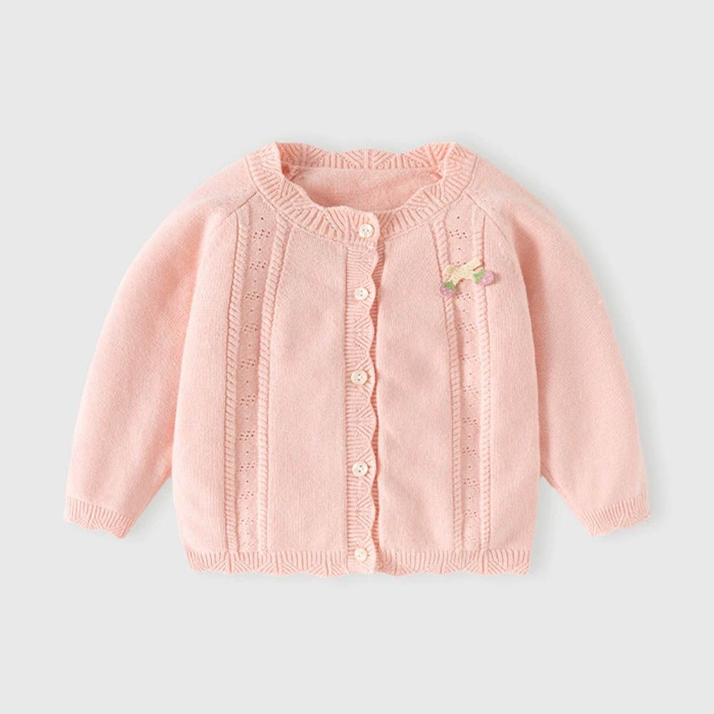 舒適花邊領針織排釦外套-草莓蝴蝶結-粉色