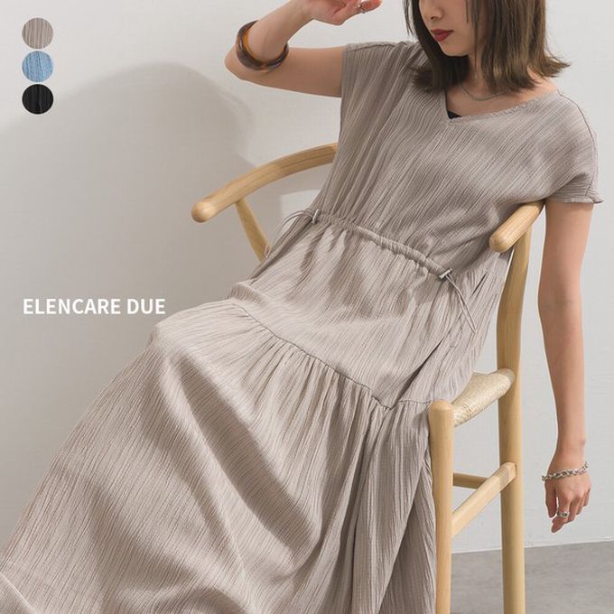 日本 ELENCARE DUE - 楊柳皺摺V領飄逸短袖洋裝(腰抽繩)-水藍