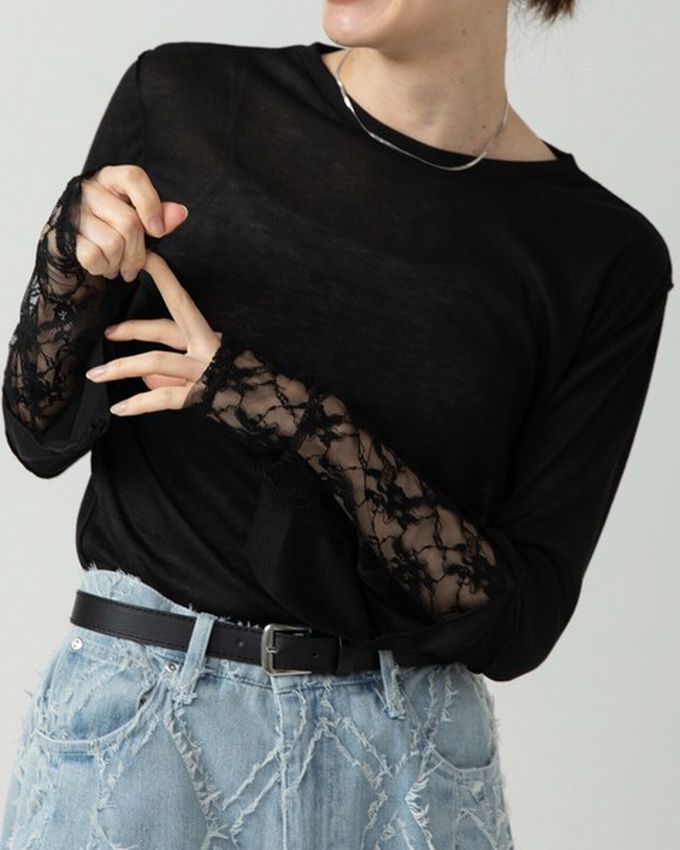 日本 gleam - 薄透合身蕾絲拼接長袖上衣-黑