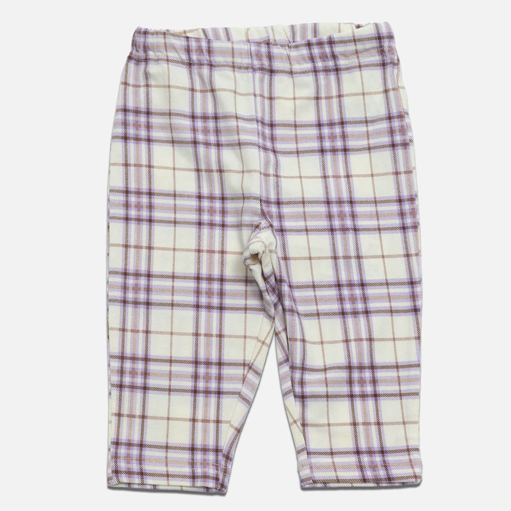 百搭印花彈力七分褲-格紋-紫x白