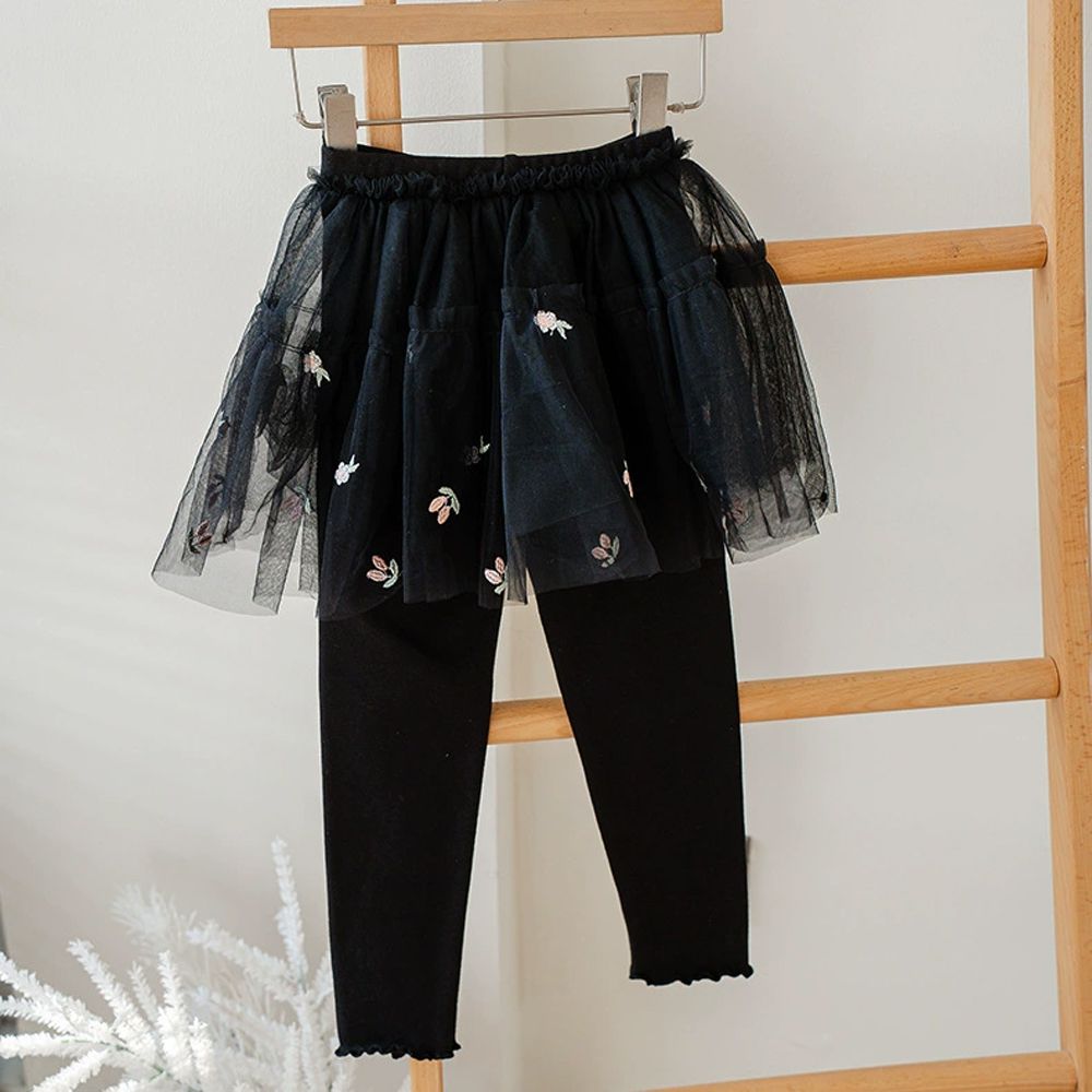 紗裙內搭褲-花朵刺繡-黑色