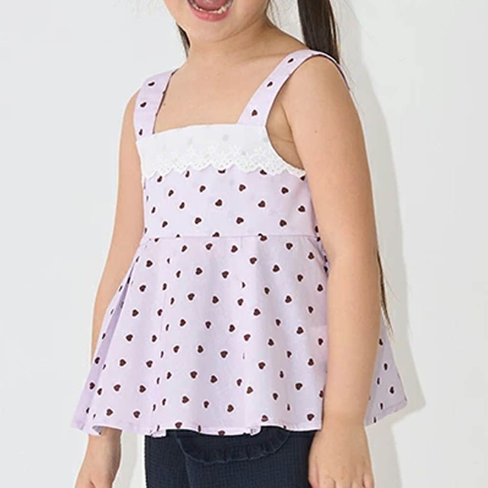 100%棉 胸前蕾絲印花吊帶背心-愛心-粉紫