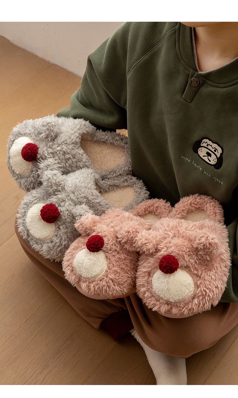 毛毛保暖室內拖鞋-小熊-卡其色