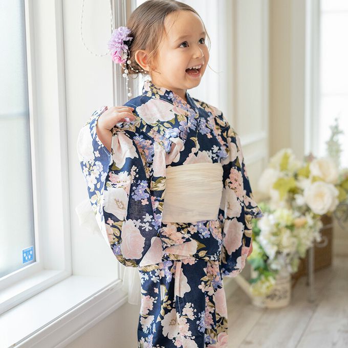 日本 Catherine Cottage - 夢幻2way純棉兵兒帶浴衣(可當洋裝)-滿版花卉-海軍藍