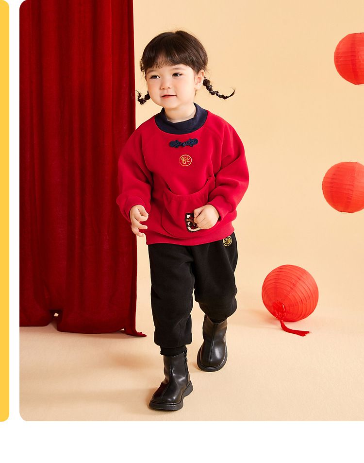 加絨喜氣洋洋半高領長袖上衣-年獸小口袋-紅色