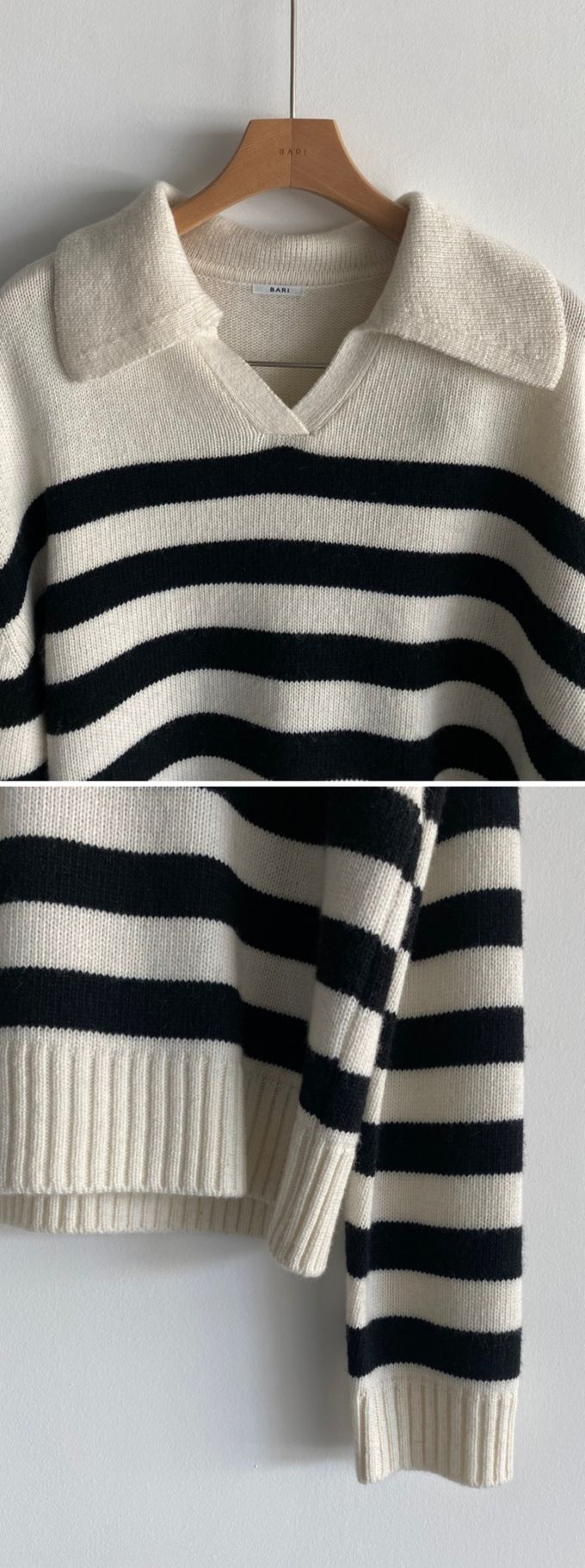 韓國女裝連線 - 精選美麗諾羊毛翻領上衣-米白底X黑條紋 (FREE)