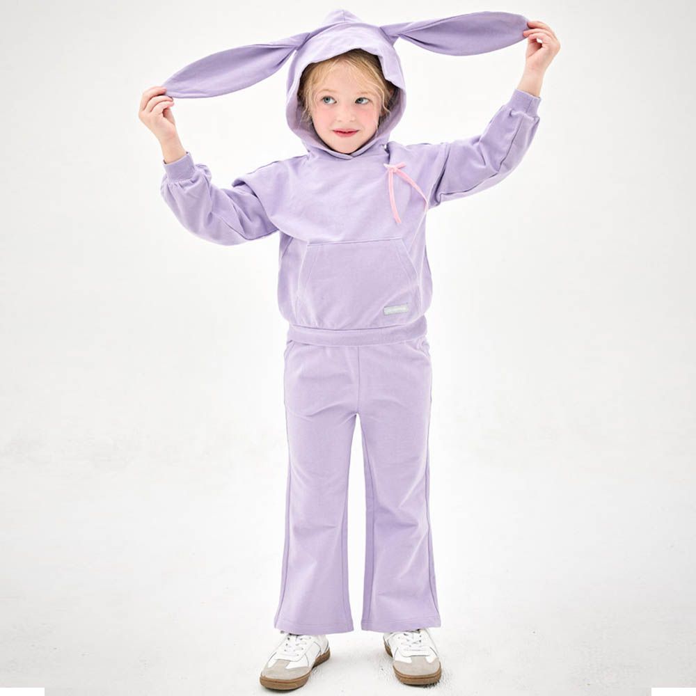 可愛兔耳朵裝飾純棉長袖連帽套裝-薰衣草紫