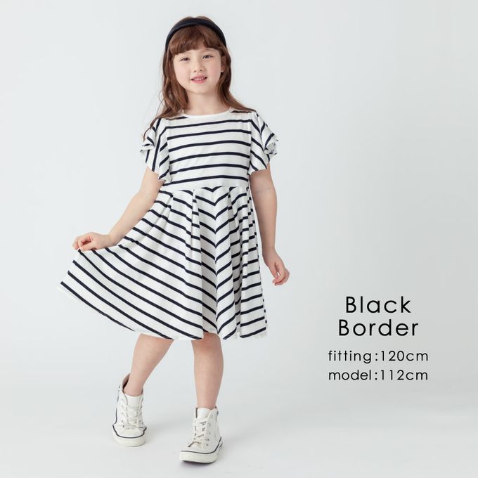 日本 evercloset - 波浪荷葉短袖浪漫洋裝-黑白條紋