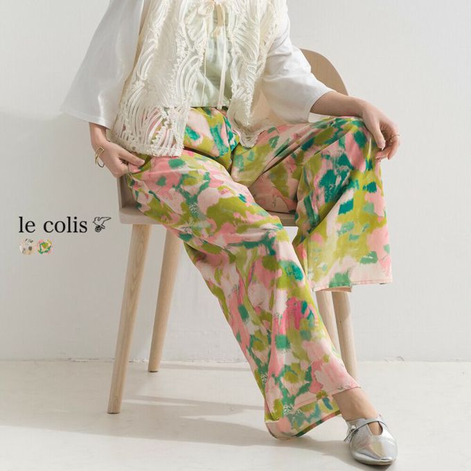 日本 le colis - [人氣款]柔和季節感印花輕盈寬褲-暈染-灰卡其