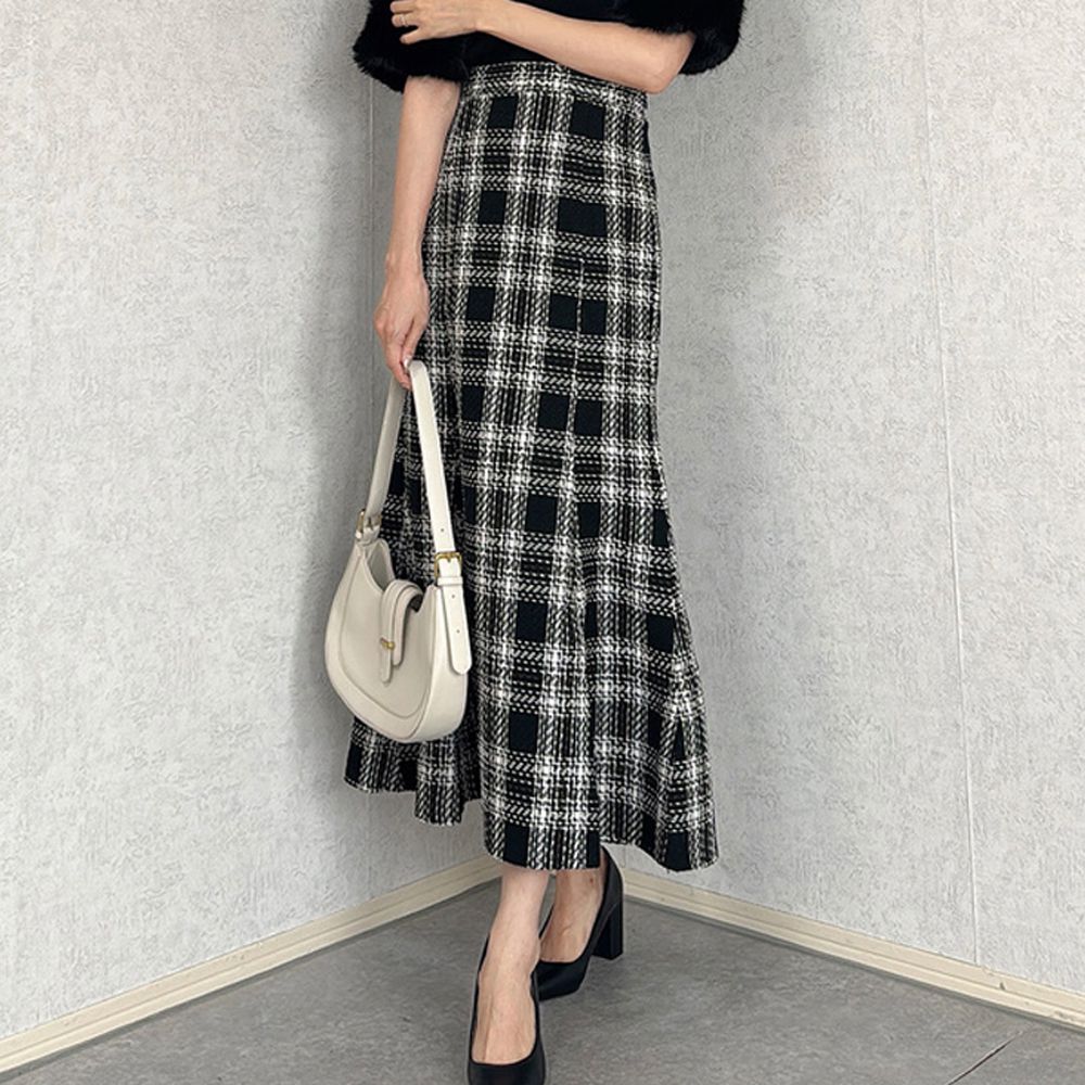 經典粗花呢格紋優雅魚尾裙-黑系