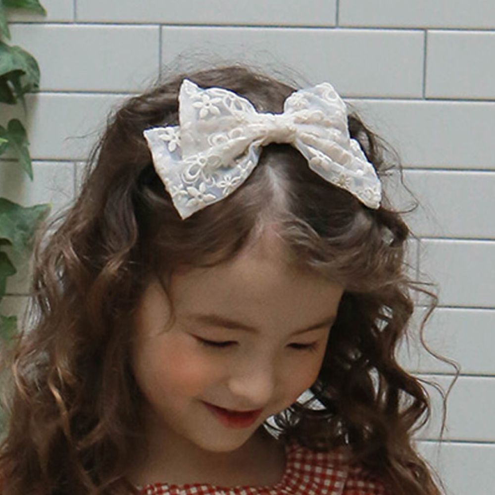 韓國 PuellaFLO - 刺繡花朵雙層蝴蝶結髮箍-米白