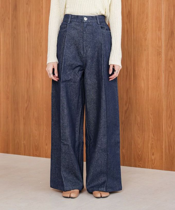 日本 Bab - 腳長效果 摺線丹寧印度棉寬褲-靛藍
