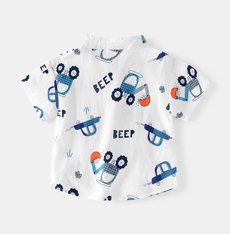 WELLKIDS - 純棉休閒翻領短袖襯衫-挖掘車車-藍色