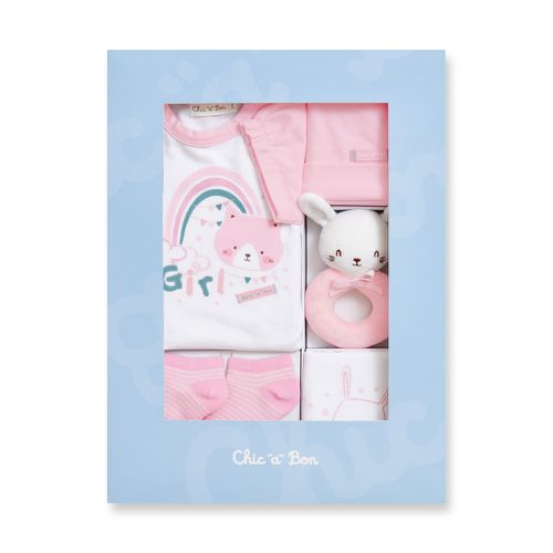Chic a Bon 五福短袖兔裝/連身衣5件組禮盒 3-6個月(兔裝+帽子+圍兜+襪子+手搖鈴 附提袋)-粉色
