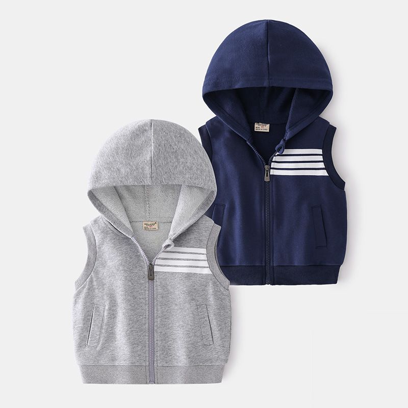 WELLKIDS - 棉質休閒V領開衫背心-連帽款-灰色