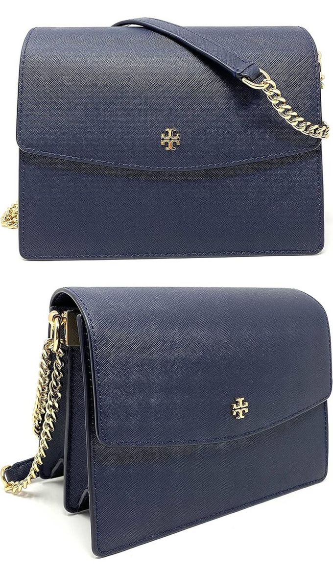 TORY BURCH - 雙TLOGO防刮皮革翻蓋斜背包 (深藍)