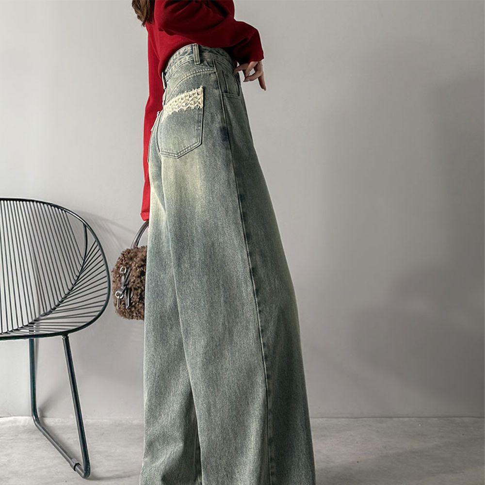 甜心蕾絲口袋交叉腰寬版長腿丹寧褲-刷色