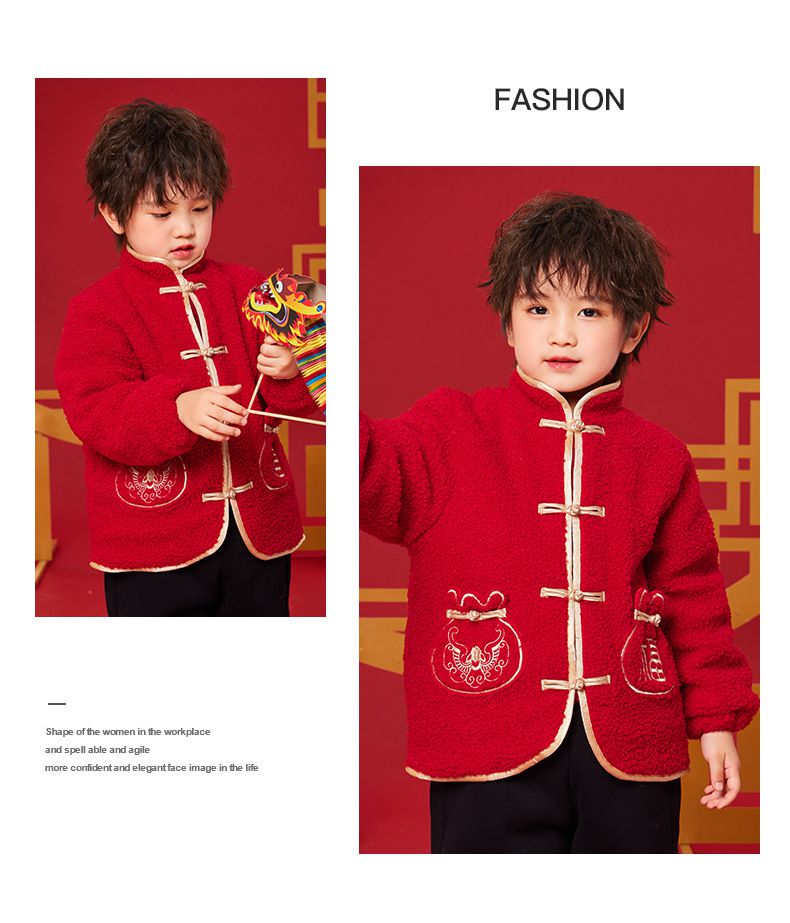 漢服風喜氣拜年立領盤釦外套-福氣口袋-紅色