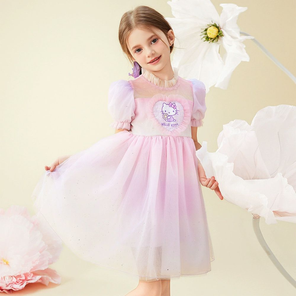法式公主網紗泡泡短袖洋裝-卡通人物Hello Kitty-粉x紫