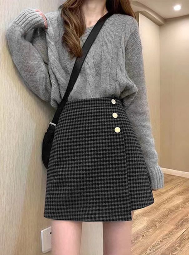 日本 GRL - 不規則裙擺格紋毛呢短裙(附安全褲內襯)-黑