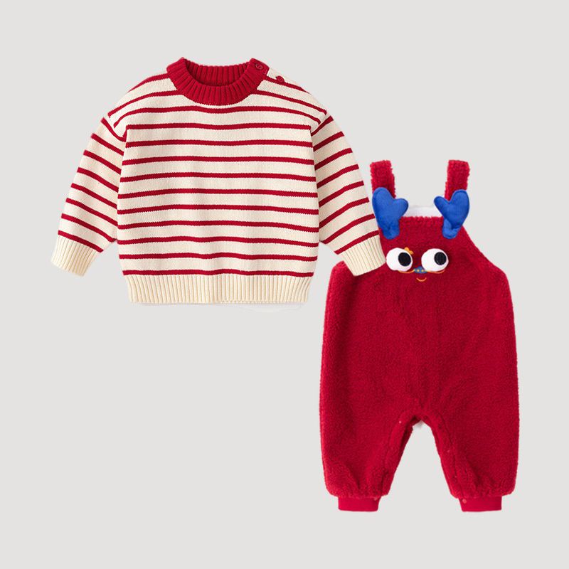 喜氣拜年暖暖短絨吊帶長褲-萌萌大眼龍-紅色