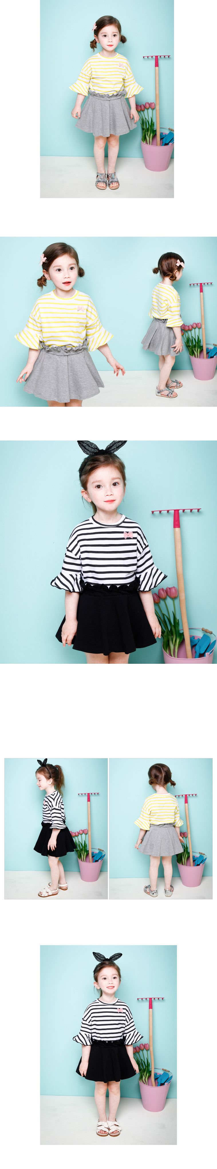 韓國 Jelispoon - 荷葉條紋上衣花苞裙套裝-黑