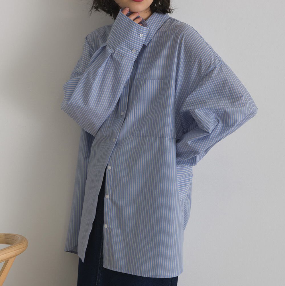 男友風寬鬆率性感長袖襯衫-藍系直條紋