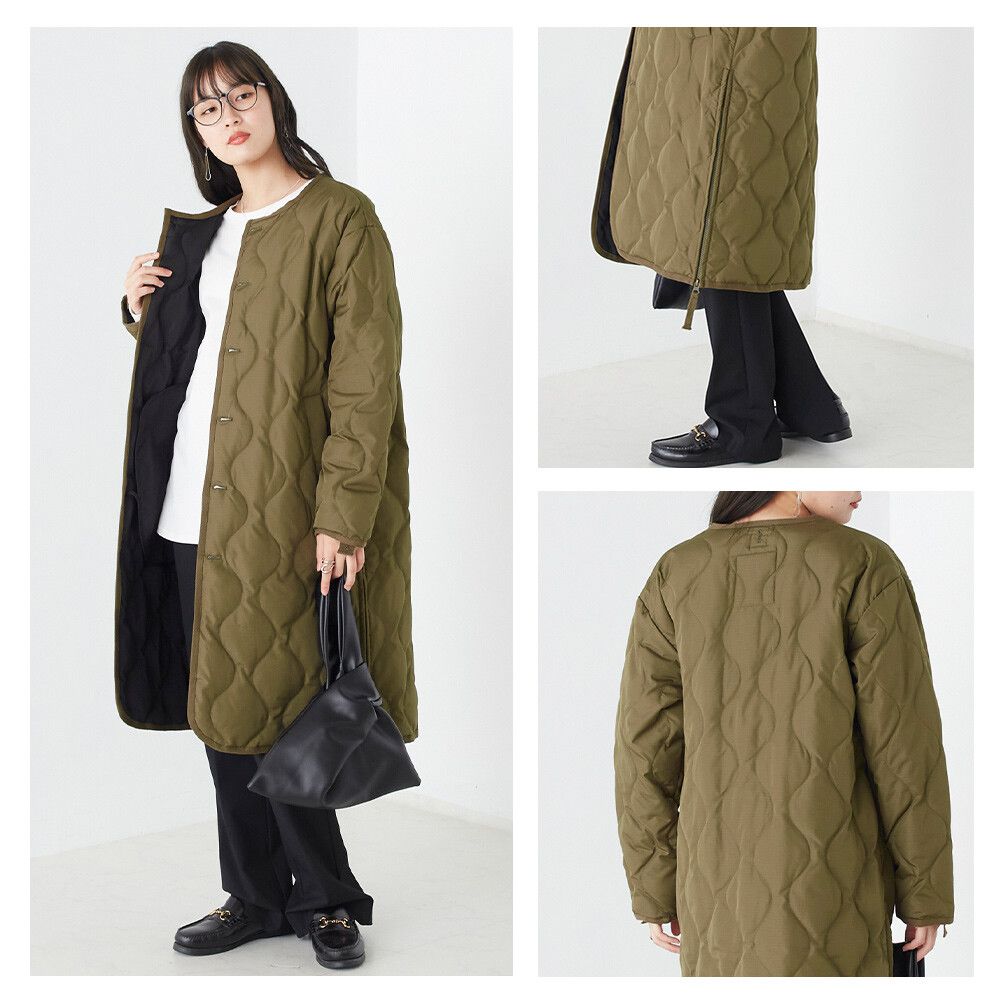 日本 OMNES - 輕量波浪衍縫長版羽絨外套-焦糖棕