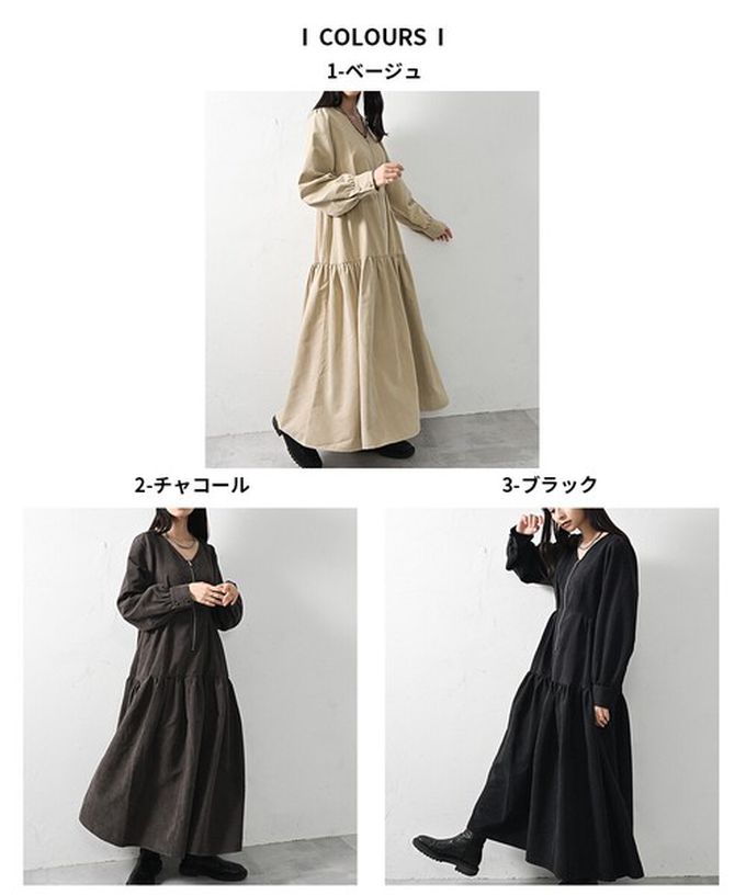 日本 ELENCARE DUE - V領拉鏈桃皮絨優美長袖洋裝-黑