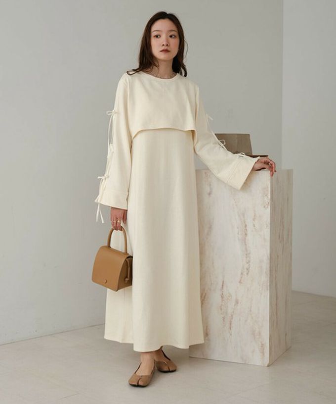 日本 Bab - 袖蝴蝶結層次感喇叭袖洋裝-淺棕 (M)