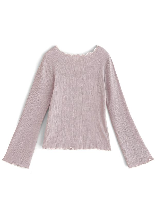 日本 GRL - 撞色木耳捲邊皺縮長袖上衣-黑x白 (F)