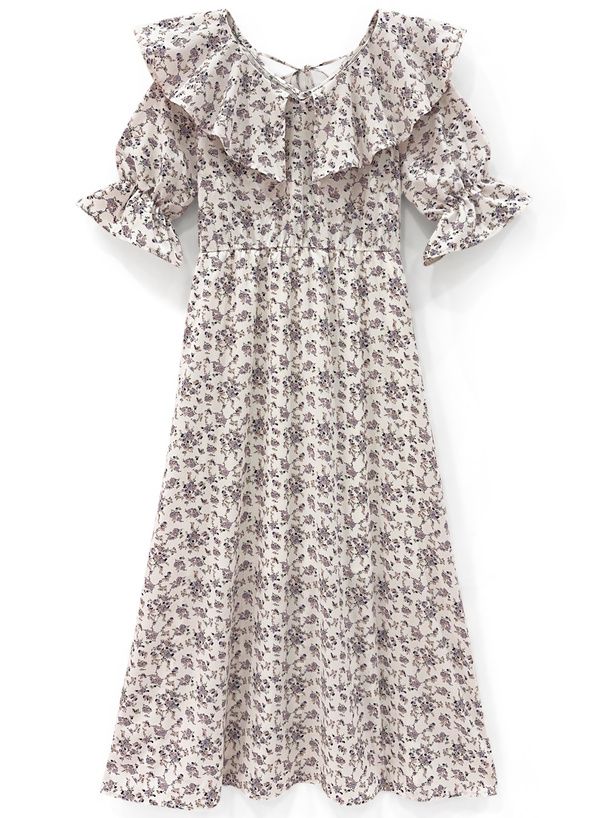 日本 GRL - 浪漫滿屋荷葉袖雪紡碎花洋裝-象牙杏