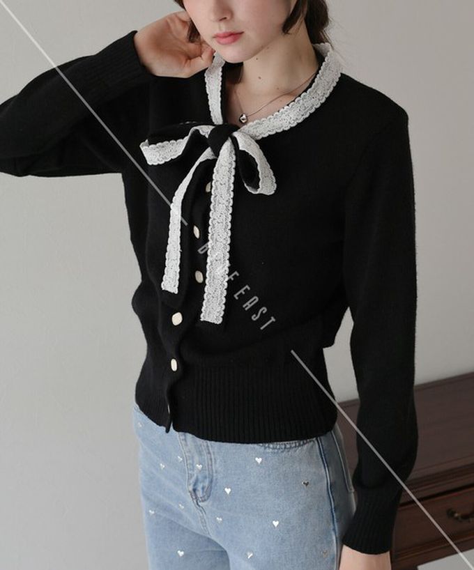 日本 BLUE EAST - 少女爛漫蕾絲蝴蝶結開襟衫-灰