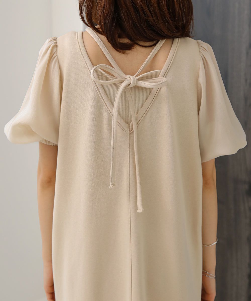 日本 Bab - 優雅綁帶V領泡泡袖洋裝-淺摩卡