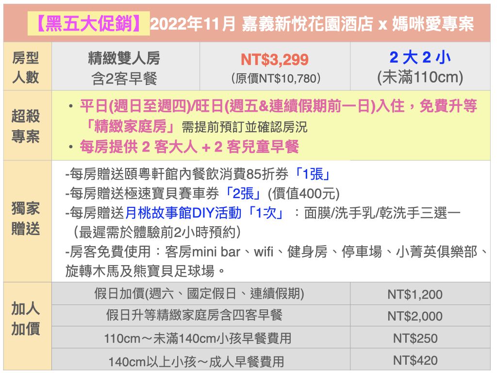 嘉義新悅花園酒店 - 平旺日精緻雙人房升等「精緻家庭客房」-含2大2小早餐-優惠效期至2023/5/31