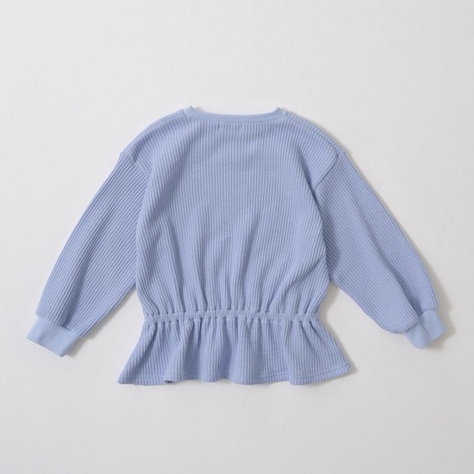 日本 Lycee mine - 華夫格領口小花束腰長袖上衣-淺藍