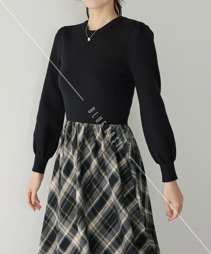 日本 BLUE EAST - 美型修身小澎袖針織長袖洋裝-格紋拼接-海軍藍