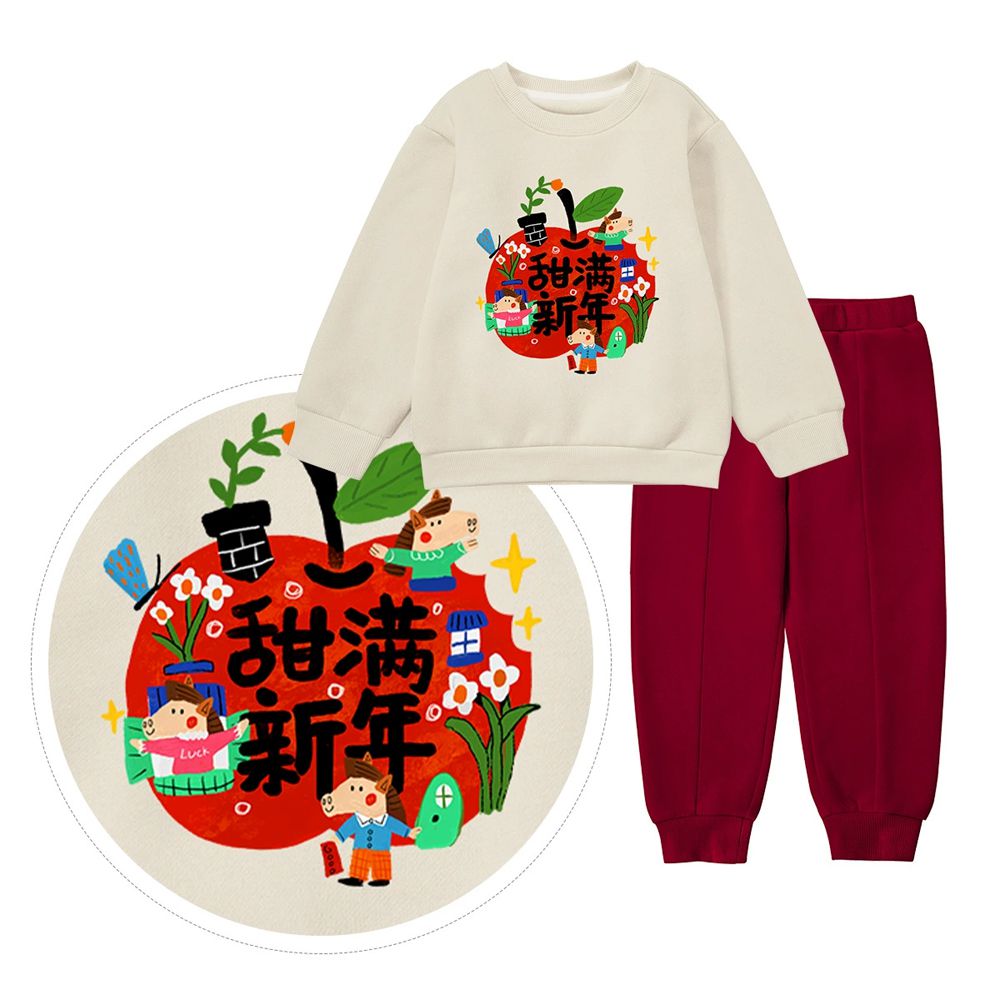 內刷絨長袖上衣+長褲套裝-甜滿新年-米白x紅