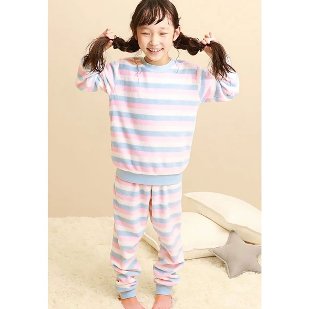 日本 devirock - fleece保暖刷毛家居服/睡衣-條紋-粉藍