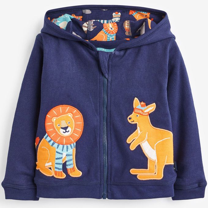 英國 JoJo Maman BeBe - 幼/兒童雙面穿100%純棉保暖連帽外套-動物遊樂園