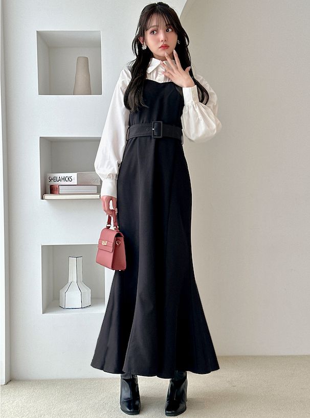 日本 GRL - 桃心領拼接魚尾洋裝(附腰帶)-黑白