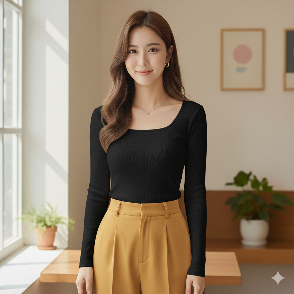 經典方領長袖BRA TOP/附罩杯上衣-黑色