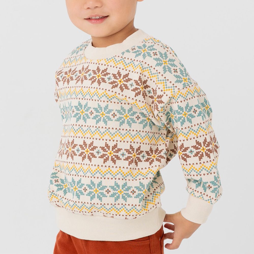 100%棉 北歐風印花裏毛長袖上衣-雪花-咖啡