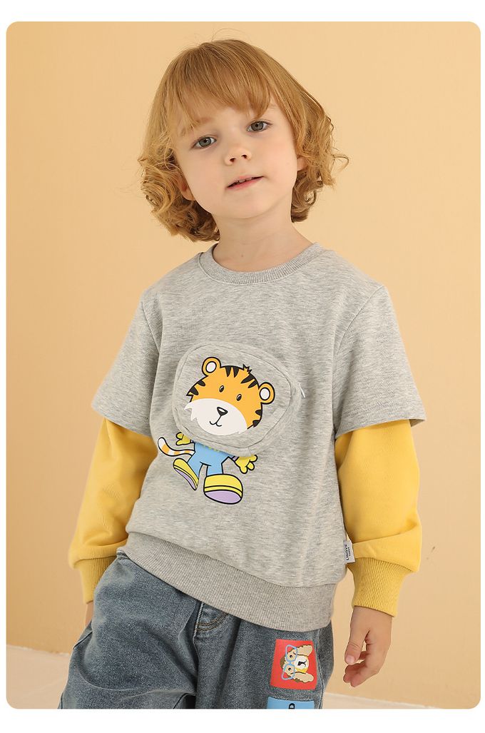 圓領假兩件長袖上衣-老虎印花-橘+黑色